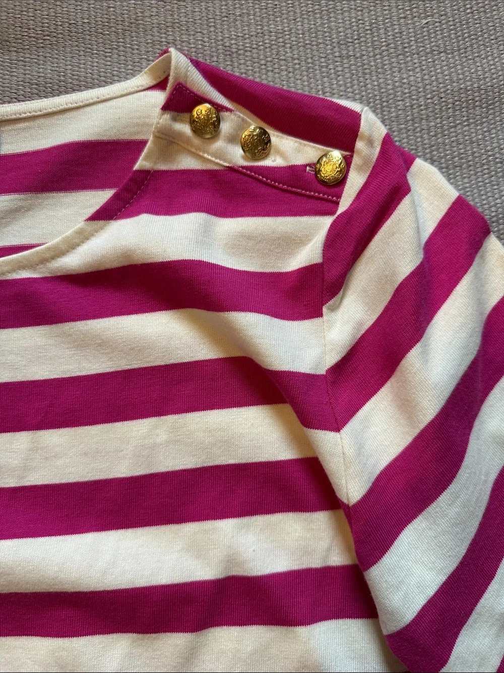 NWT J. Crew Cream and Fuchsia Striped Short Sleeve Top with Shoulder Buttons